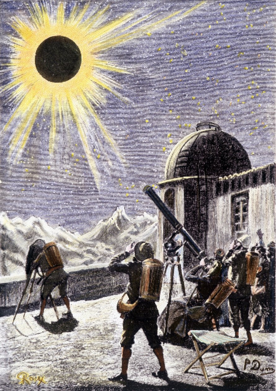 Emberek nézik a napfogyatkozást – André Laurie „Les Exiles de la Terre” című filmjében, Georges Roux illusztrációja. Kiadások Hetzel alkotó: George Roux