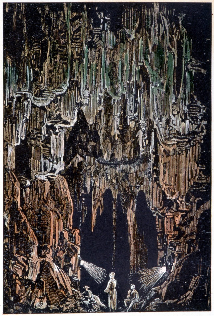A lámpákat egy lávanyúlványra függesztették fel Jules Verne „Utazás a Föld középpontjába” című művében. alkotó: George Roux