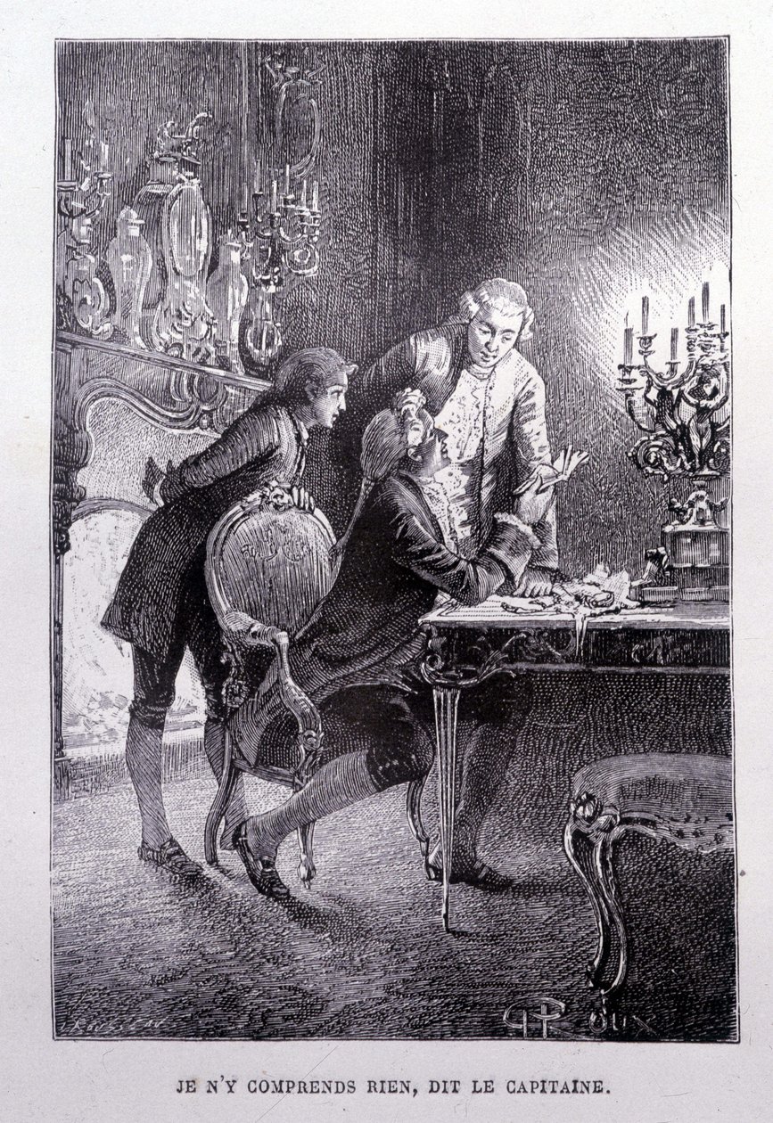 A fiatal Jim Hawkins, Chevalier Trelawnay és Livesey doktor kibékül egy nappaliban – Stevenson „L