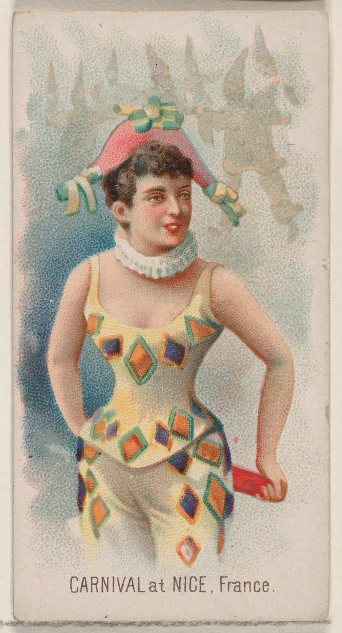 Karnevál Nizzában, Franciaországban, a Holidays N80 sorozatból, Duke márkájú cigarettákhoz, 1890., 1890. alkotó: George S. Harris and Sons