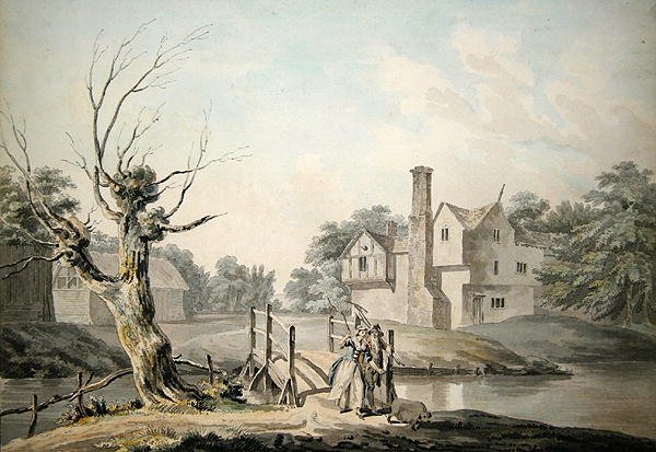 Rusztikus figurák átkelnek egy hídon egy parasztház mellett (toll és tus, tusfesték és akvarell, papír) alkotó: George Samuel