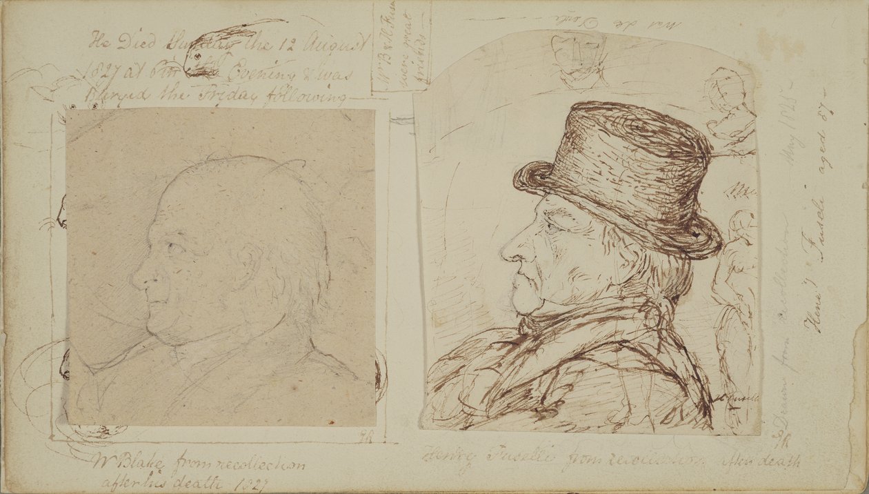 Nyulak tanulmányozása William Blake és Henry Fuseli egymásra helyezett portréival (grafit és tinta papíron) alkotó: George Samuel