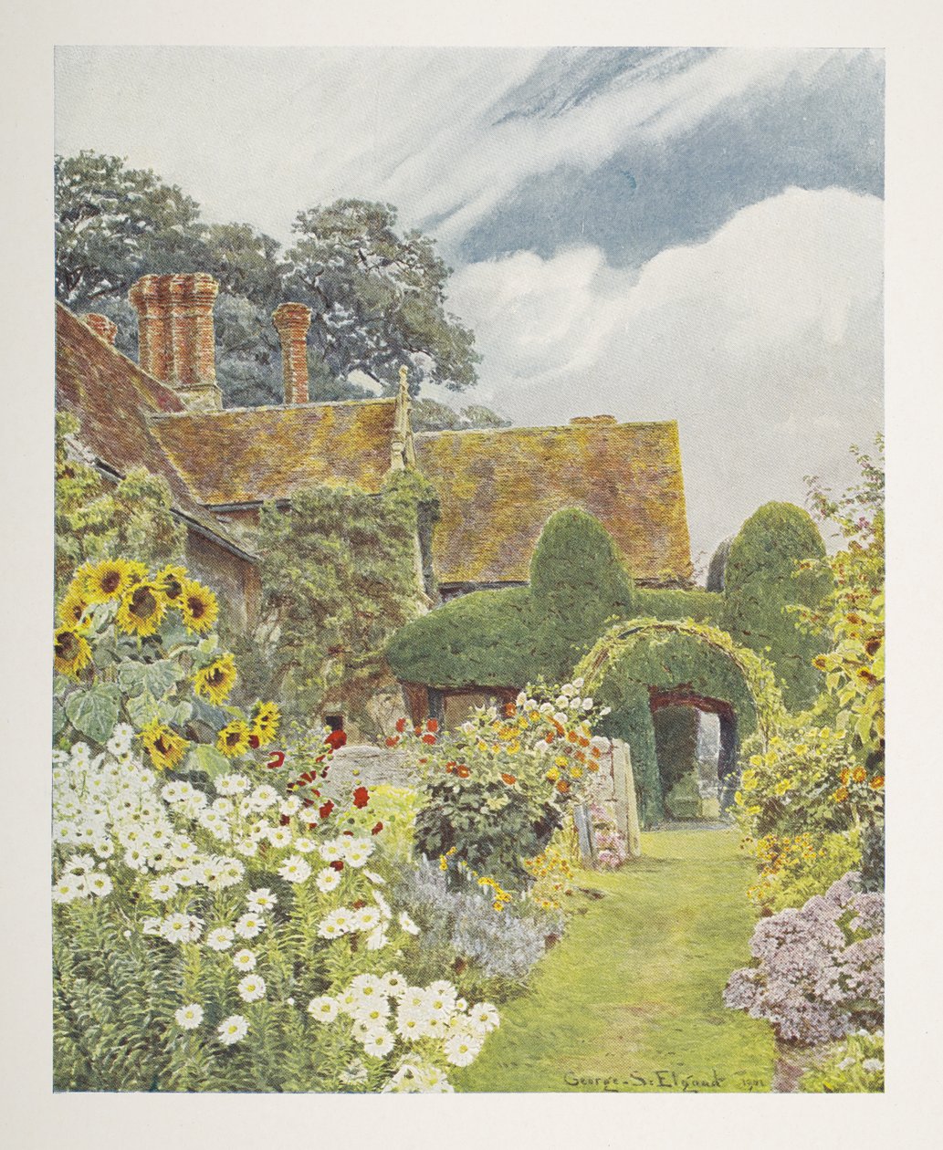 Cleeve Prior, Sunflowers, illusztráció a „Some English Gardens”-ben, George S. Jekzel Elgood és Gertrude Jekyll alkotó: George Samuel Elgood