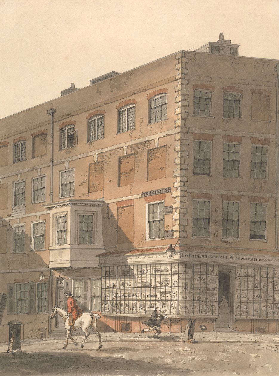 York House, a Villiers Street és a Strand sarkán, Richardson ókori és modern nyomdaraktárával az előtérben alkotó: George Shepheard
