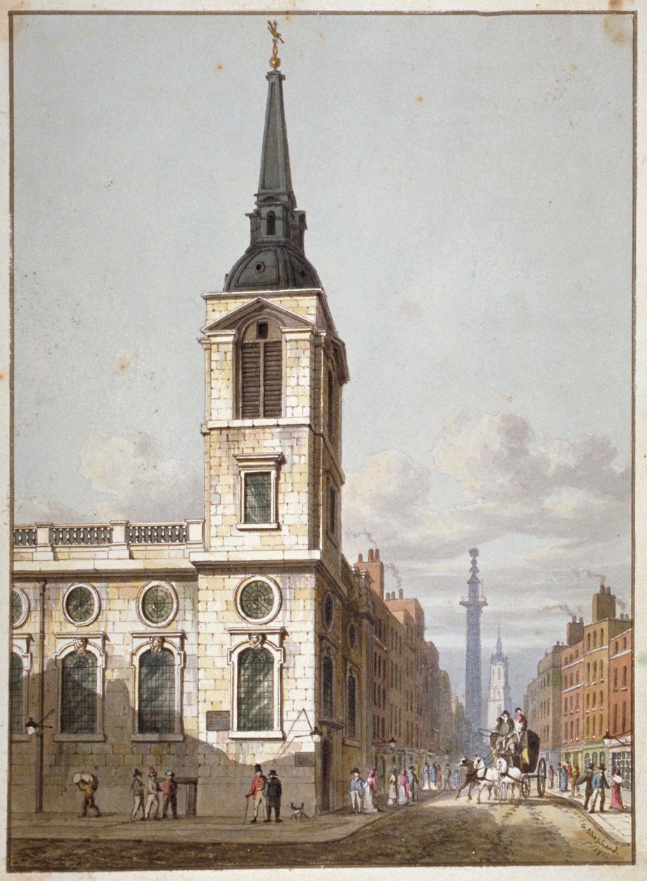 St Benet Gracechurch templom és Gracechurch Street, London City, 1811 alkotó: George Shepherd