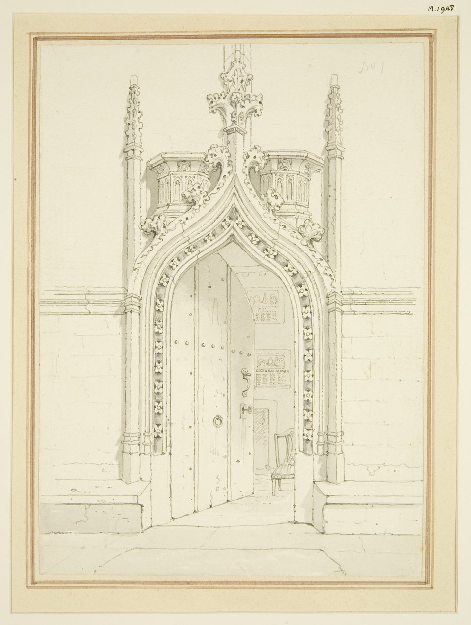 St Mary Redcliffe Vestry Room bejárata, 1812 körül (ceruza és akvarell papíron) alkotó: George Shepherd
