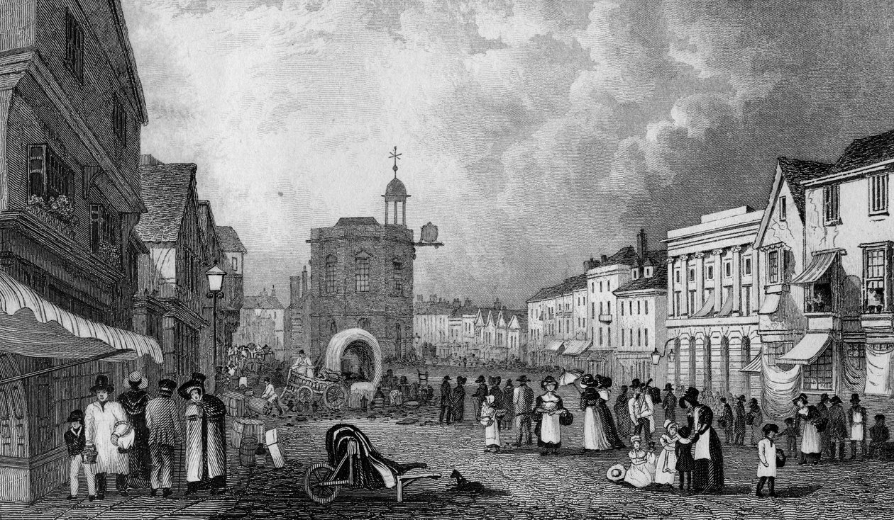 High Street, Maidstone, A Market Day, vésette S. Lacey, megjelent 1832 alkotó: George Shepherd