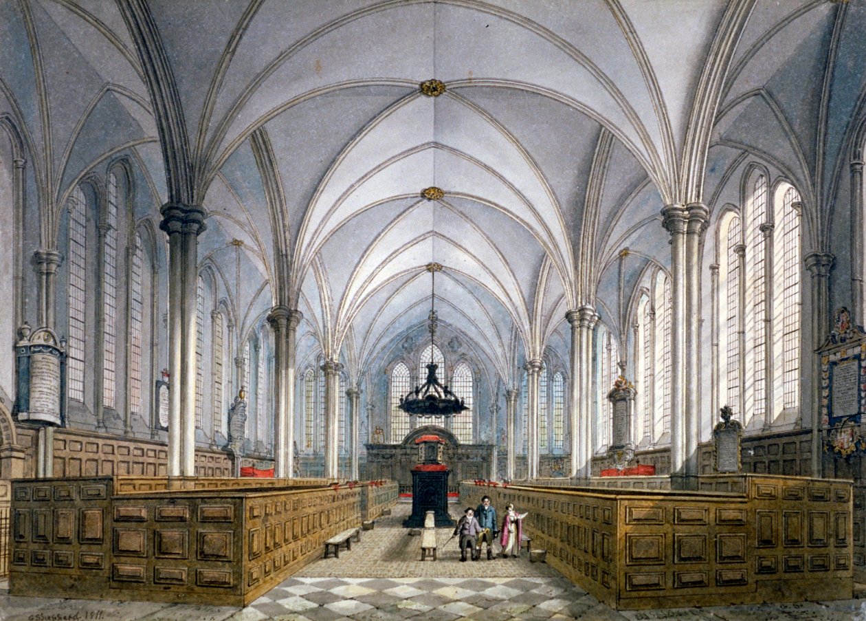 A Temple Church belső képe, London, 1811. alkotó: George Shepherd