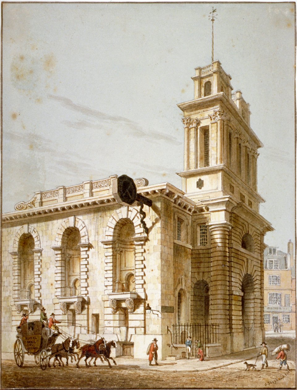 A St Mary Woolnoth-templom északnyugati nézete, London City, 1812 alkotó: George Shepherd