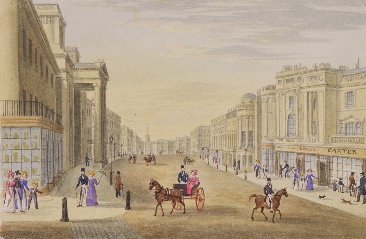 A Regent Street, a Hanover Streetről északra nézve, 1830 körül alkotó: George Shepherd