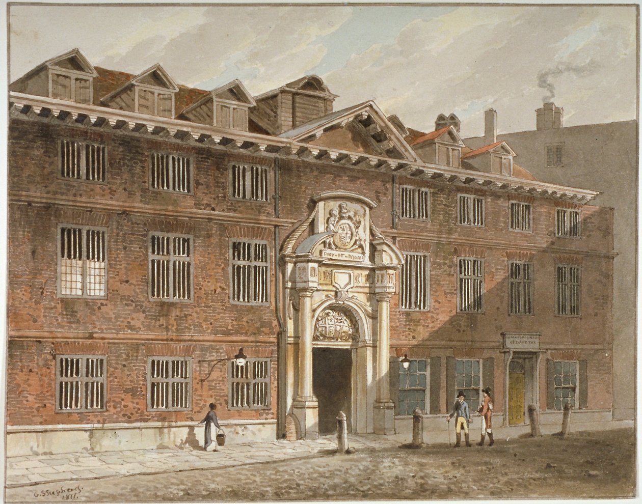 A Blackwell Hall nyugati frontja, King Street, London City, 1811. alkotó: George Shepherd