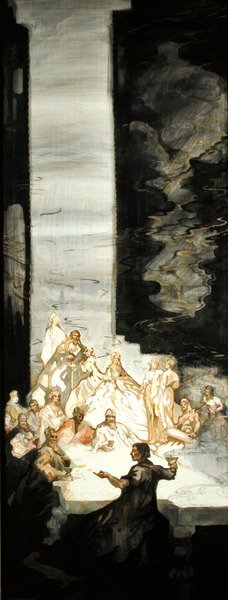 A Tale of Kynon, Clydno fia, amikor Arthur király Caerllan upon Uskban volt (akvarell testfestékkel és aranyfestékkel selyemre) alkotó: George Sheringham
