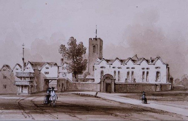 Highgate Iskola és Kápolna, 1840 körül (szépia tintával mosórajz) alkotó: George Sidney Shepherd