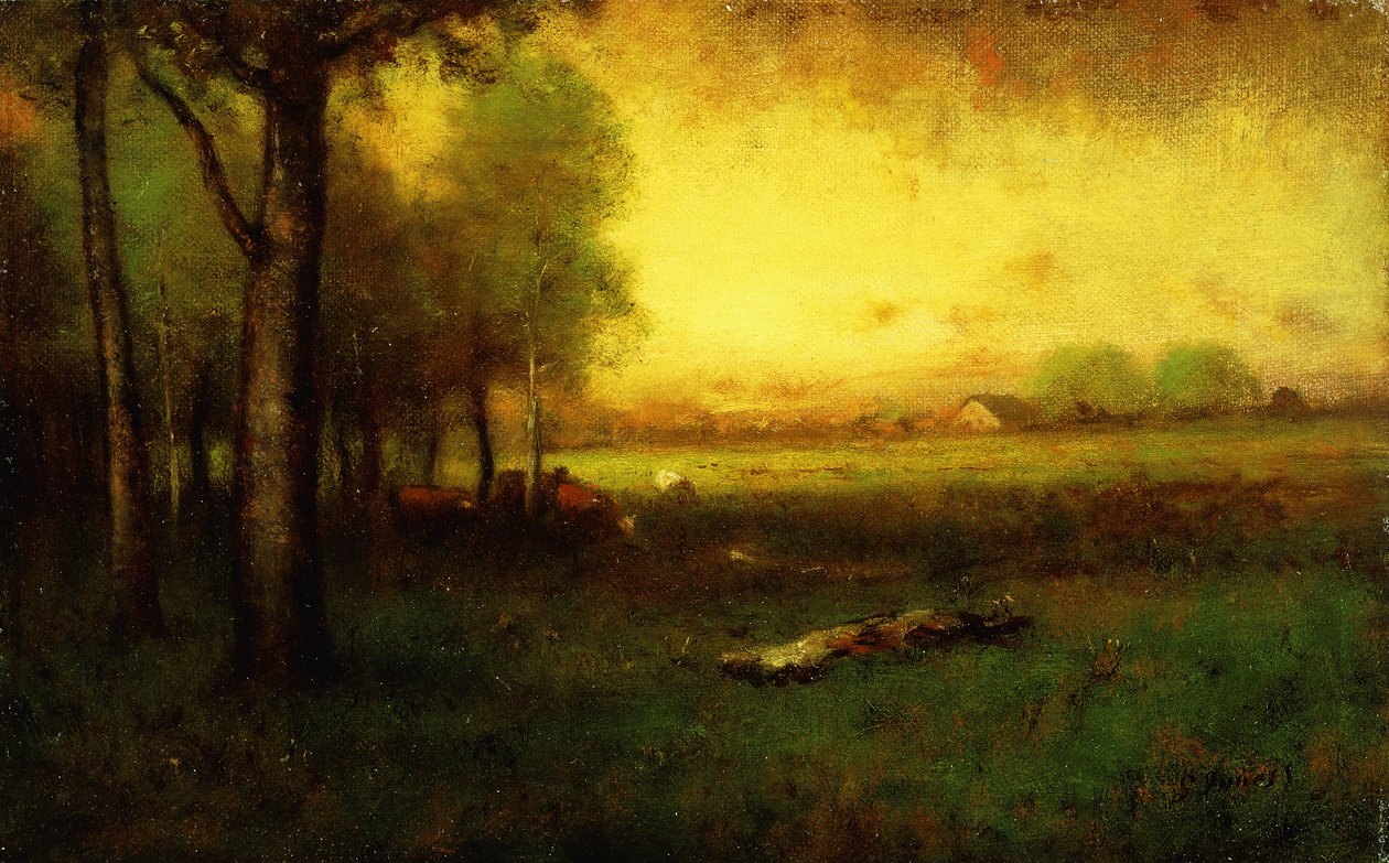Naplementekor legelő tehenek, alkotó: George Snr. Inness