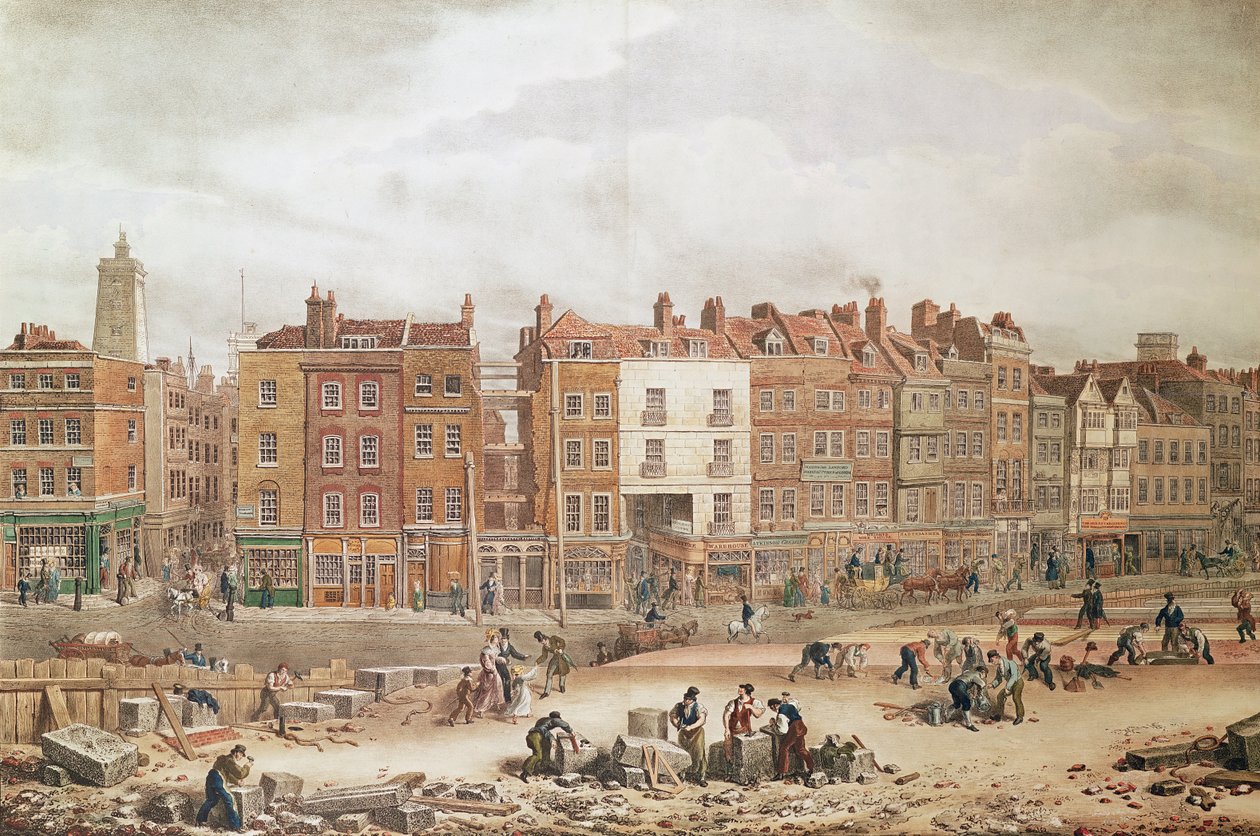 Kilátás a High Street Southwarkra, mint az ősi útra (színes gravírozás) alkotó: George Snr Scharf