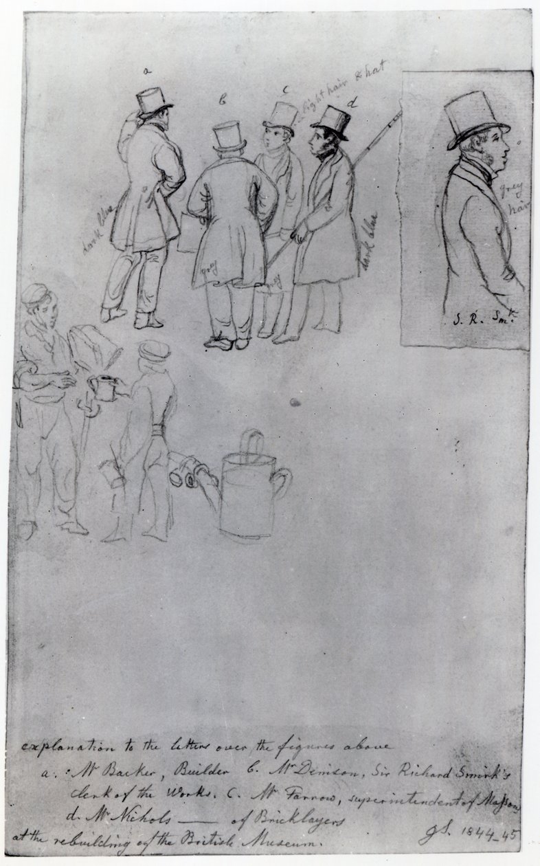 Építők és földmérők a British Museum újjáépítésénél, 1844 (ceruza papíron) alkotó: George Snr Scharf