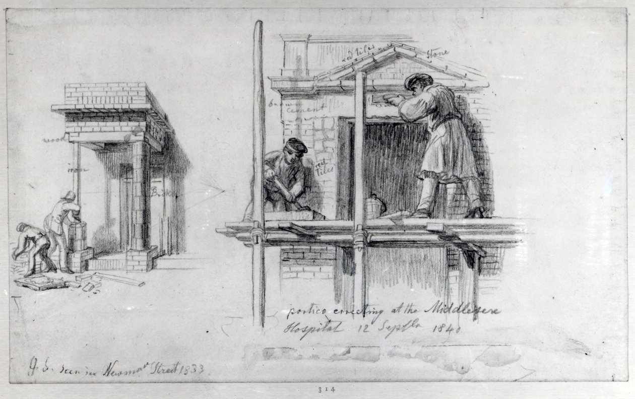 Porticók felállítása a Newham Street és a Middlesex Kórházban, London, 1833 és 1840 alkotó: George Snr Scharf