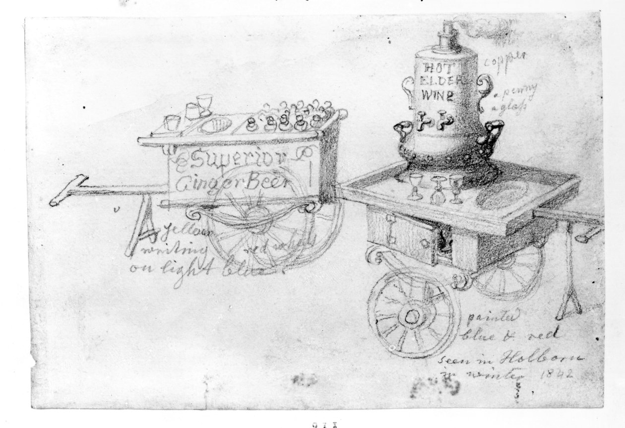 Ginger Beer és Hot Elder Wine standok Holbornban, 1842-ben alkotó: George Snr Scharf