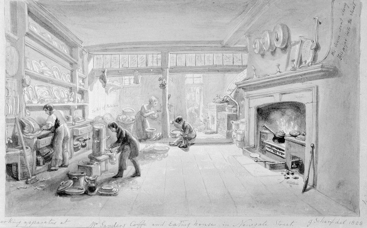 Mr. Sander kávézó- és étkezőházának konyhája, Newgate Street, 1828 alkotó: George Snr Scharf