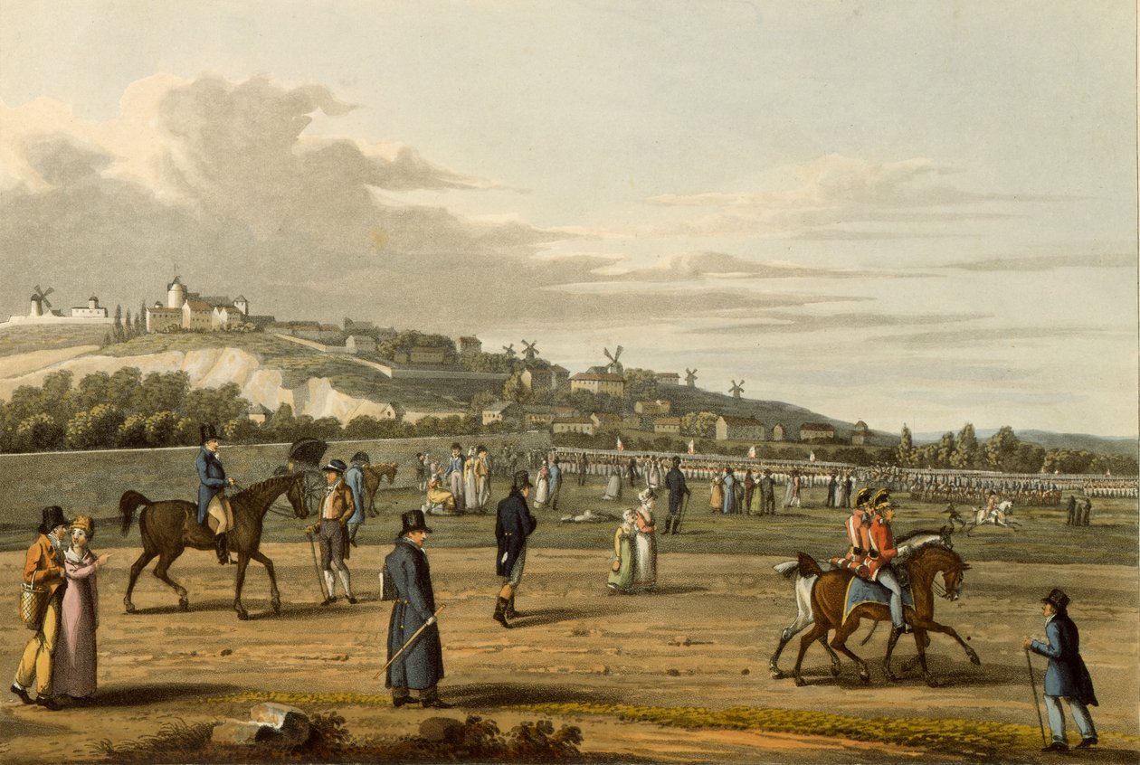 Wellington hercegének áttekintése a montmartre-i angol csapatokról, 1815. október 21., metszet: M. Dubourg, 1817 alkotó: George Snr after Scharf