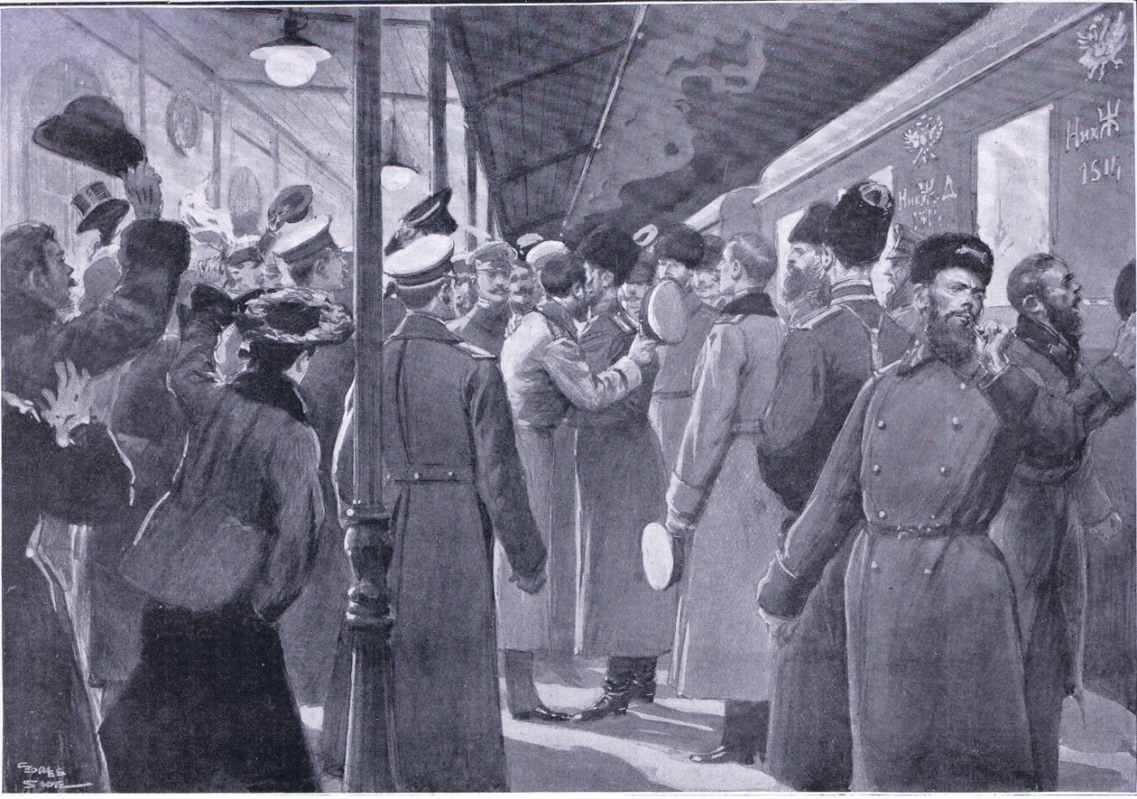 A császári gárda tisztjeitől búcsúzó cár, illusztráció: Cassells Az orosz-japán háború története, 1. kötet, 1900 körül alkotó: George Soper