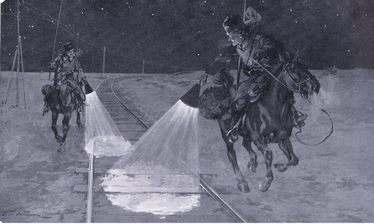 Mandzsúriai vasúton: Éjszakai őrjárat, illusztráció: Cassells Az orosz-japán háború története, 1. kötet, 1900 körül alkotó: George Soper
