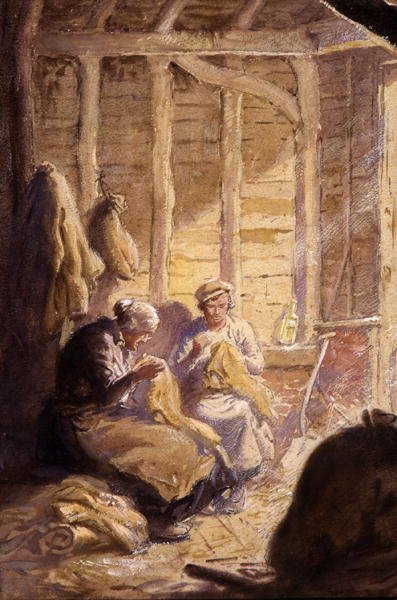 Zsákok varrás az istállóban (akvarell papíron) alkotó: George Soper