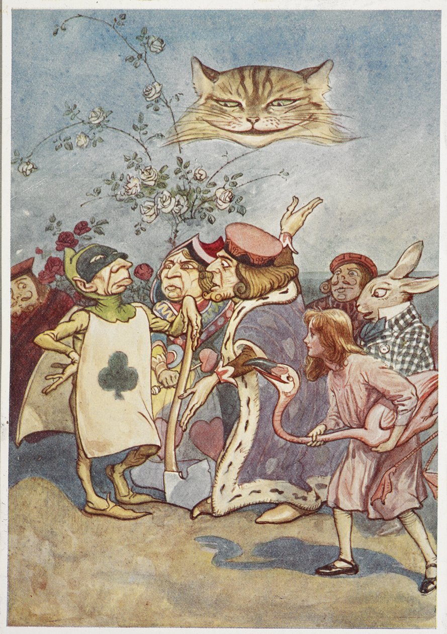 A Cheshire-i macska Alice-t és a játékkártya hóhért nézi, másokkal alkotó: George Soper
