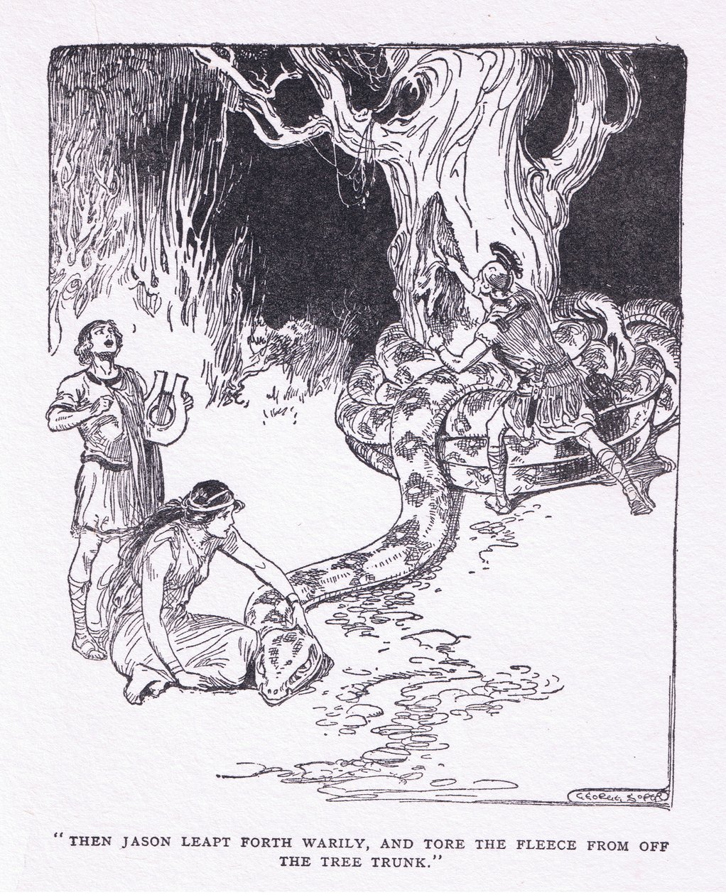 Aztán Jason fáradtan előugrott, és letépte a gyapjút a fa törzséről, a The Heroes-ból, amelyet George Allen és Unwin 1929 (litho) adott ki. alkotó: George Soper