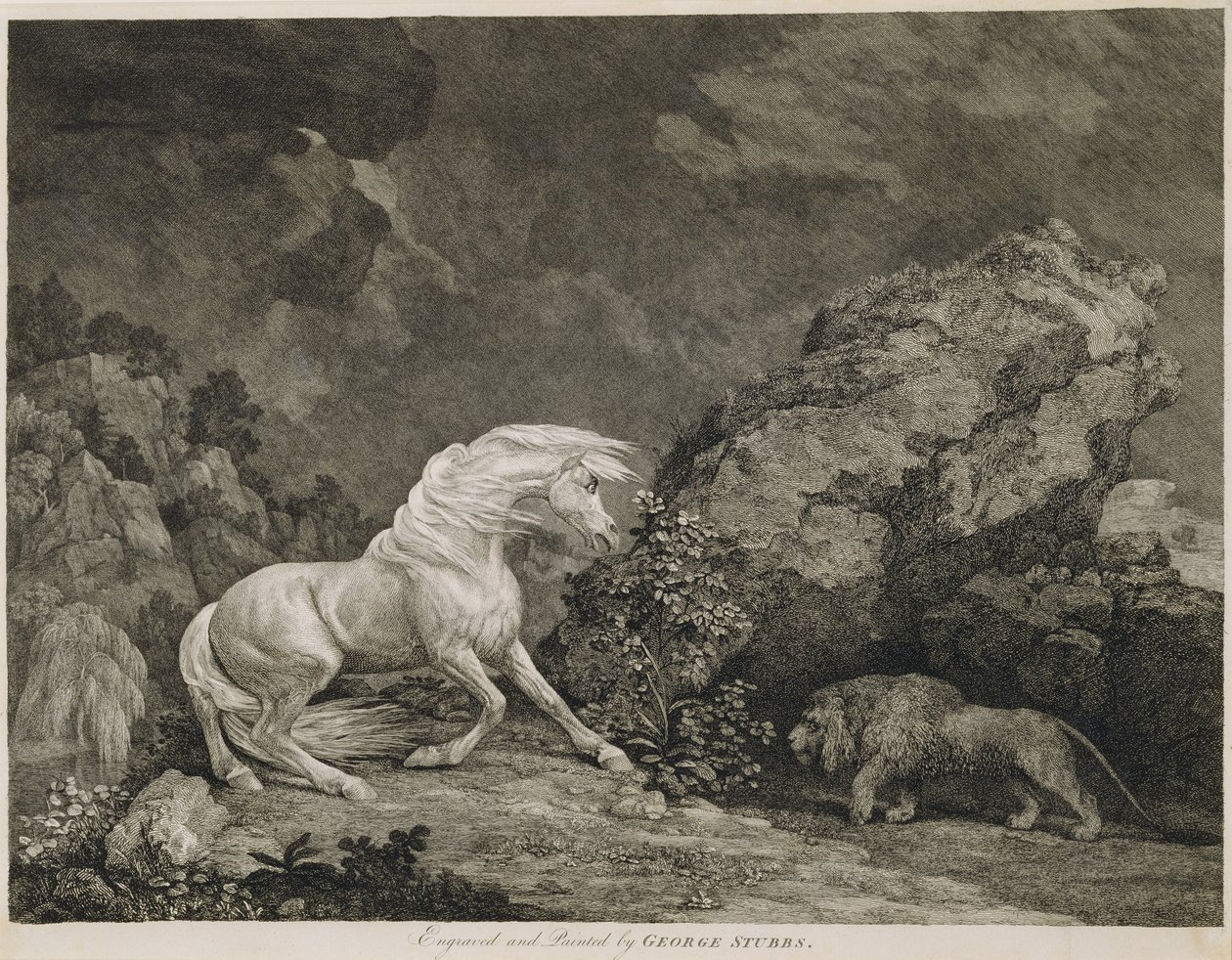 Oroszlántól megrémült ló, a művész által metszett alkotó: George Stubbs