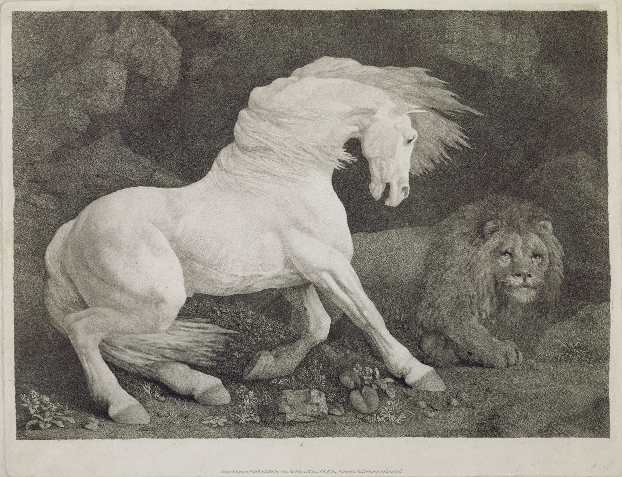 Oroszlántól megrémült ló, a művész által metszett, kocsma. 1788 alkotó: George Stubbs