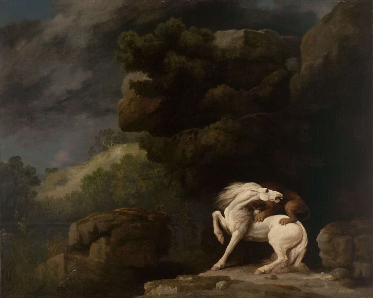 Egy oroszlán megtámad egy lovat alkotó: George Stubbs
