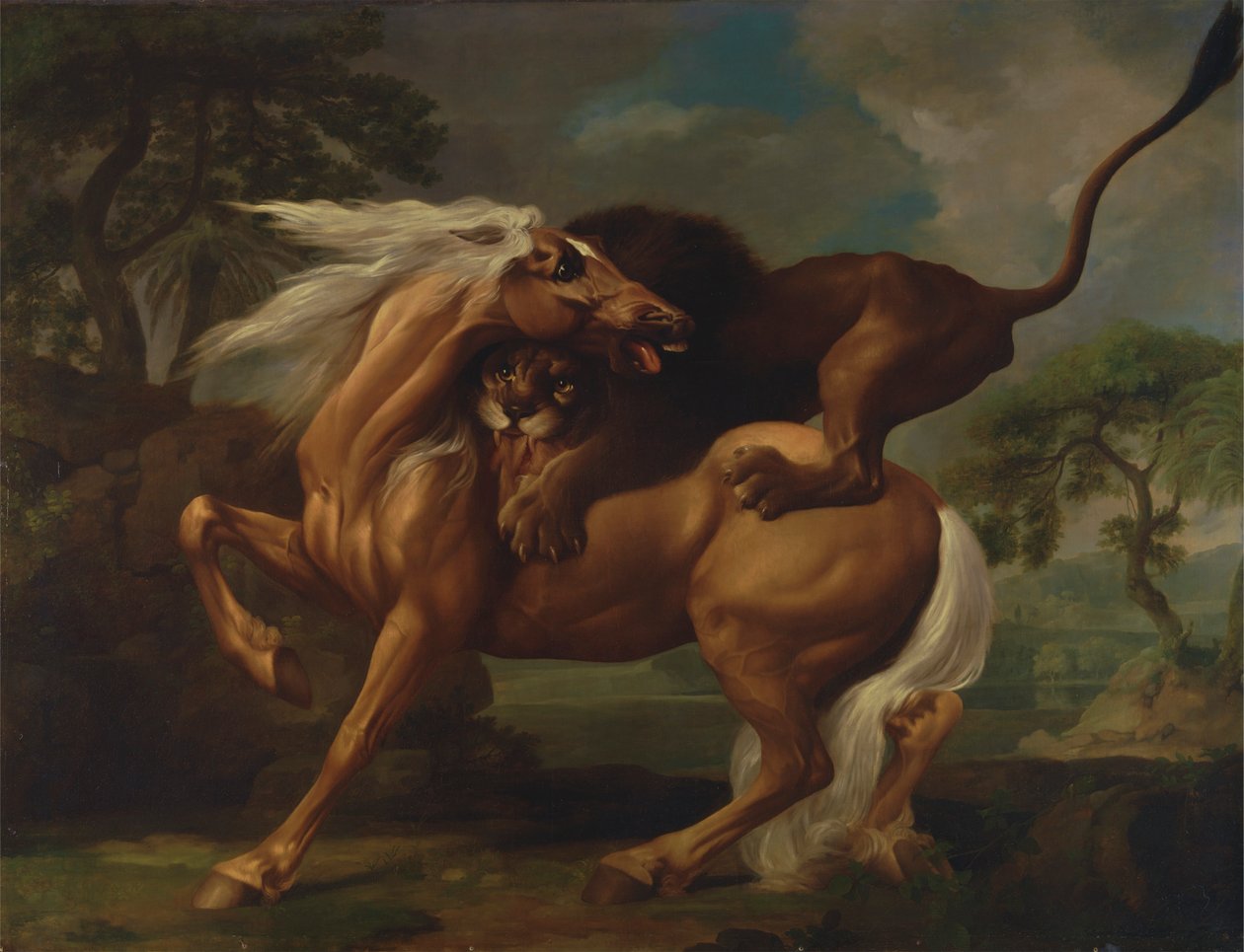 Egy oroszlán megtámad egy lovat alkotó: George Stubbs