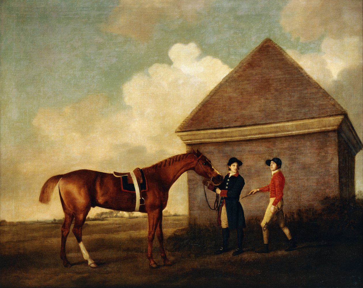 "Eclipse", egy sötét gesztenye versenyló, amelyet egy vőlegény tart egy zsokéval, esetleg Jack Oakley-vel, a Rubbing Down House-nál Newmarketben, 1770 alkotó: George Stubbs