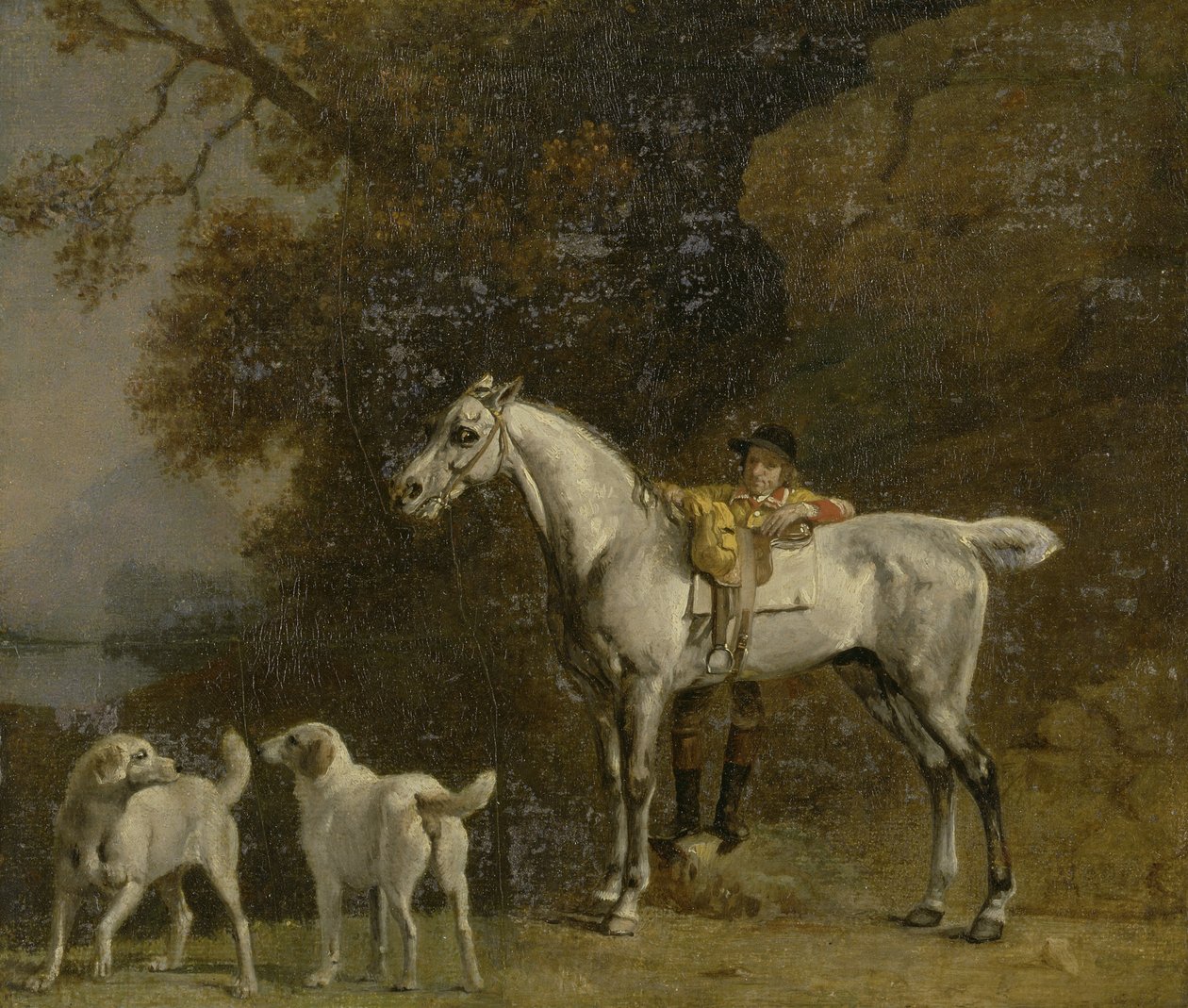 Huntsman egy szürke vadász és két rókakutyával: részletek a Goodwoodi „Vadászat” képről alkotó: George Stubbs