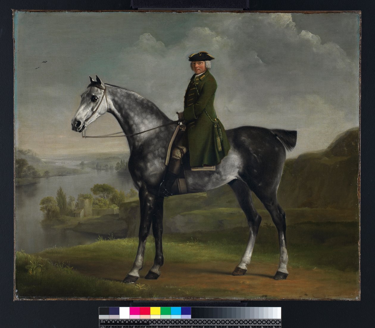 Joseph Smyth Esquire, a northamptonshire-i Whittlebury Forest hadnagya, Dapple Grey Horse-on, 1762-64 körül alkotó: George Stubbs