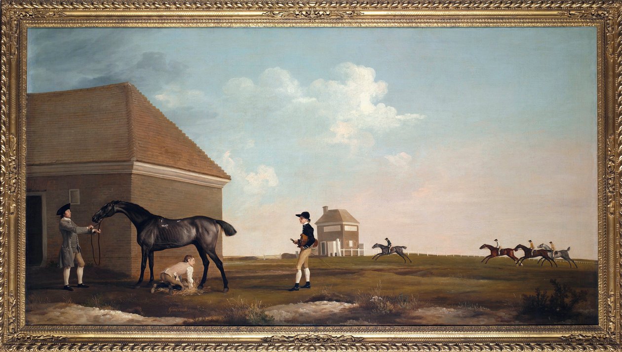 ""A Gimcrack versenyló a Newmarket Heath-ben edzővel, fiúval és zsokéval"" George Stubbs (1724-1806) festménye 1765 Méret: 101,6x194 cm Magángyűjtemény alkotó: George Stubbs