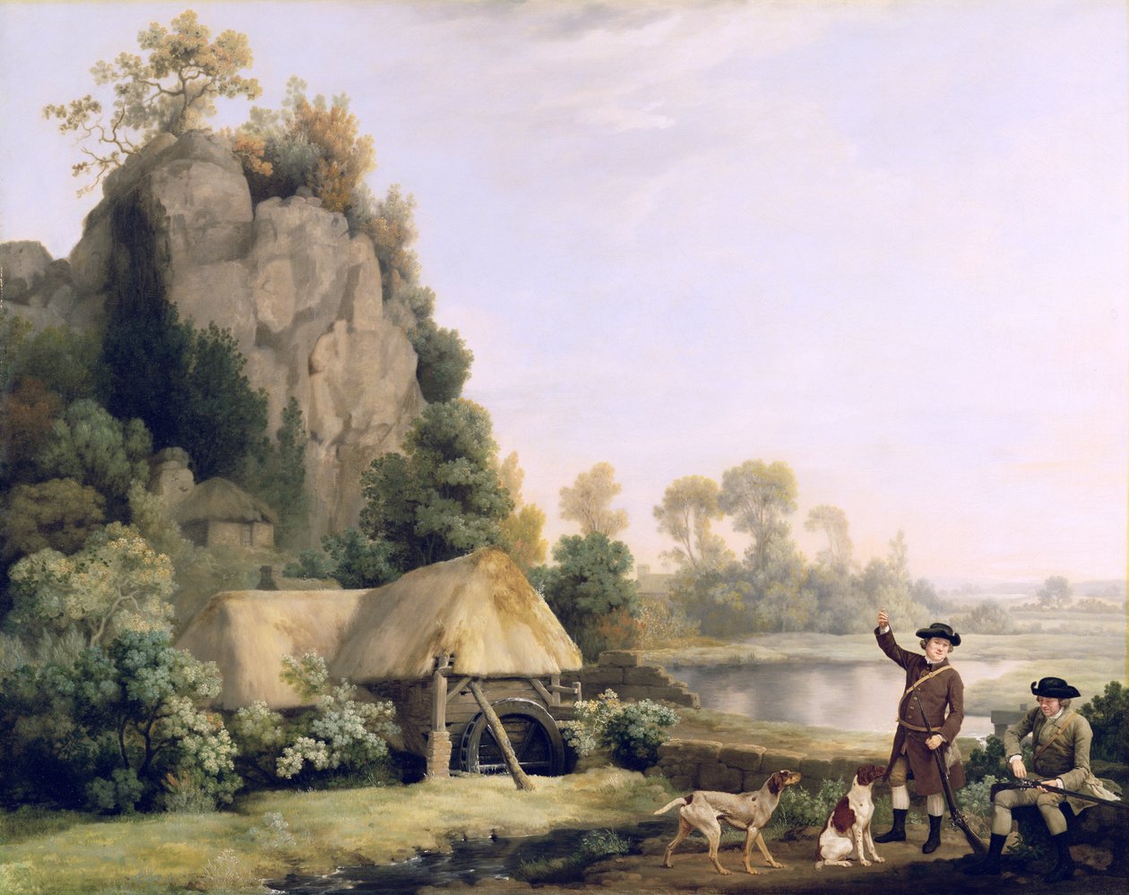Két úriember forgatásra indul, kilátással Creswell Crags-re, a helyszínen készült (olaj, vászon) alkotó: George Stubbs