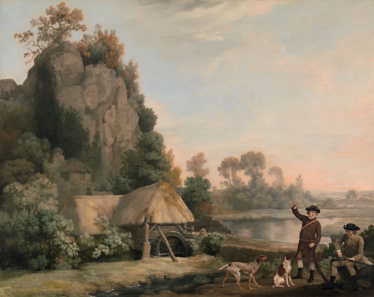 Két úriember lövöldözésre készül, kilátással Creswell Crags-re, a helyszínen készült, kb. 1767. alkotó: George Stubbs