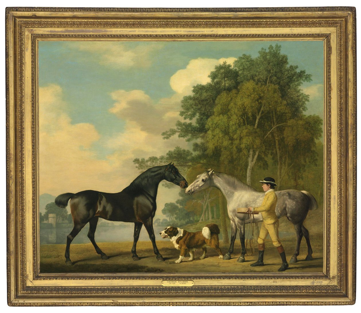 Két vadász fiatal vőlegénnyel és egy kutyával egy tó mellett, 1778 alkotó: George Stubbs
