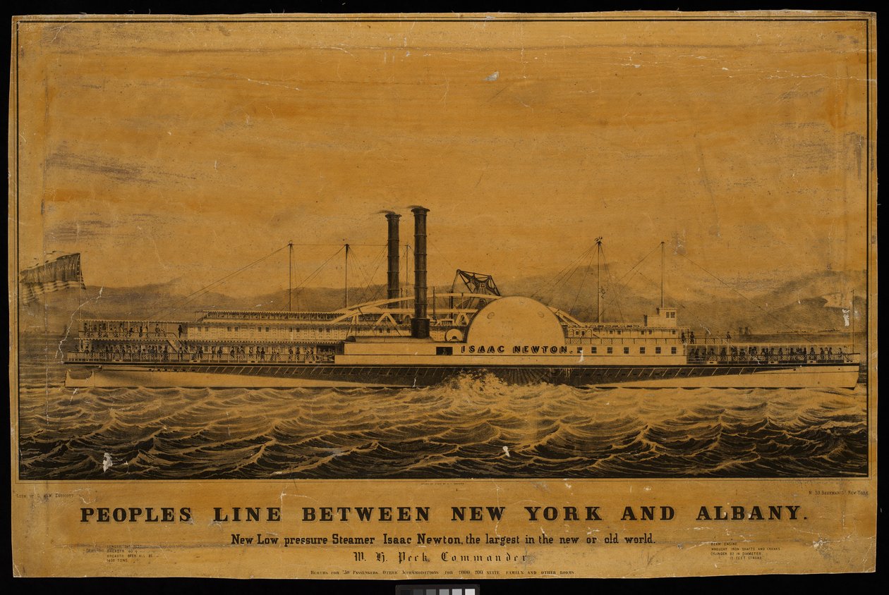 Népek vonala New York és Albany között. Az Isaac Newton új, alacsony nyomású gőzhajó, a legnagyobb az új vagy a régi világban (litográfia). alkotó: George T. (after) Sanford