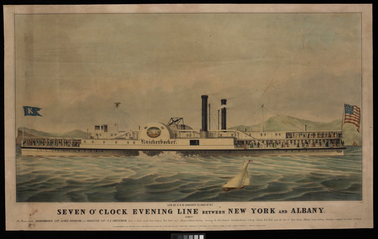Hét órai esti járat New York és Albany között, közvetlen: A Knickerbocker... és a Rochester... gőzhajók, litográfia, színes, 542 x 881 mm, PAI6613 alkotó: George T. (after) Sanford
