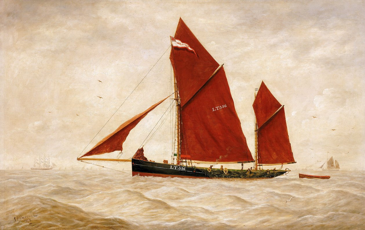 A Lowestoft Company halászhajója, jellegzetes piros vitorláival. Olaj, vászon alkotó: George Vempley Burwood