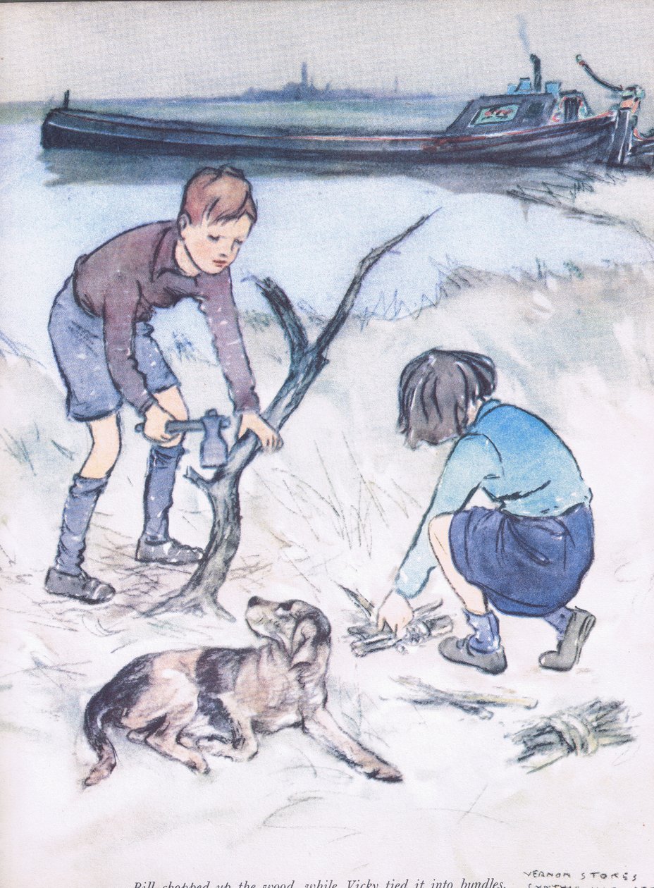 Bill felaprította a fát, mígVicky kötegekbe kötötte, a Collins által kiadott Mudlarks-ból. alkotó: George Vernon Stokes