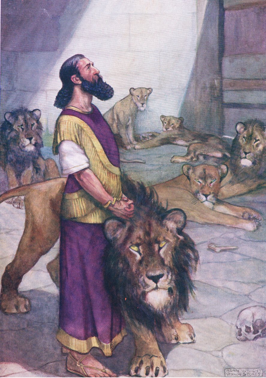 Dániel az oroszlánbarlangban, a Thomas Nelson által kiadott The Bible Picture Book-ból, 1950 körül (litográfia). alkotó: George Vernon Stokes