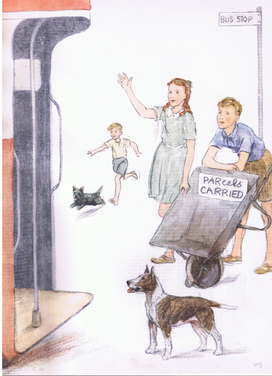 Amikor a busz megérkezett, Dávid megállt a talicskával megdöntve, így állt a Collins által kiadott Pets Limited kiírása. alkotó: George Vernon Stokes