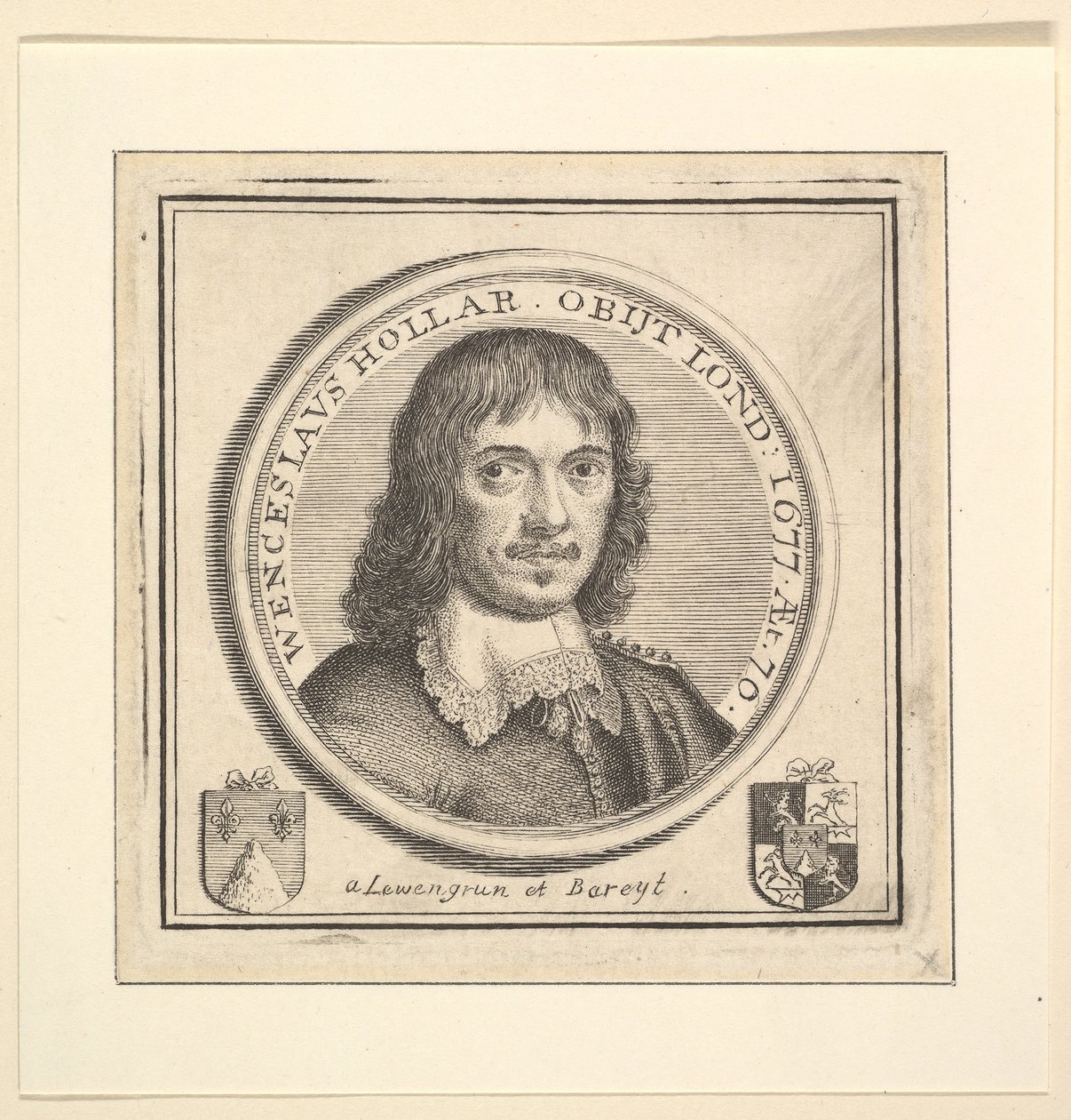 Hollar mellszobra körkörös keretben, a Vertues, The Description of the Works of the..., 1745-ben megjelent. alkotó: George Vertue
