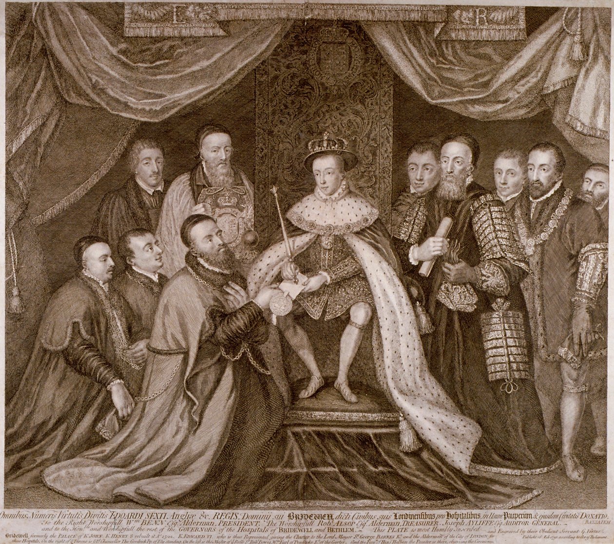 VI. Edward aláírt egy oklevelet, amely Bridewellt a londoni Citynek ad egy munkaházat, 1552 1750 alkotó: George Vertue