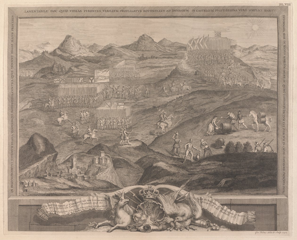 A Carberry-hegy csatatömbje Edinburgh közelében Mary skót királynő átadásával a Konföderációs Skócia Lordoknak, és Earl Bothwell szökésével, 1567 alkotó: George Vertue