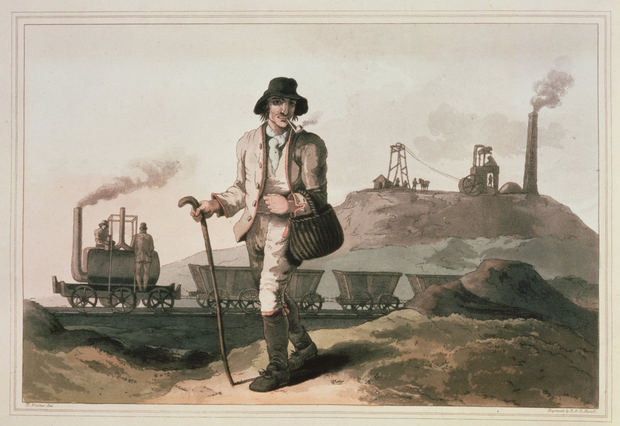 Blenkinsop mozdony a Leeds melletti Middleton kocsiban, metszett Robert és Daniel Havell, 1814 alkotó: George Walker